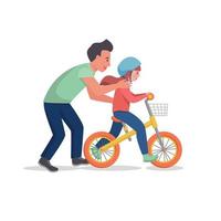 Vater bringt seiner Tochter das Fahrradfahren bei. flache Designillustration des Vektors vektor