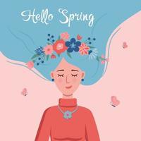 hej våren. glad tjej drömmer om våren med krans av blommor i håret. handritad söt hälsning vektorillustration med bokstäver isolerad på rosa bakgrund. vektor