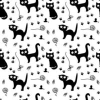 Nahtloses Muster mit schwarzen Katzen, gezeichnete Elemente im Doodle-Stil auf hellem Hintergrund. Vektor wird in einem flachen Stil gemacht. schwarze katzen in verschiedenen posen mit spuren und einem fadenknäuel.