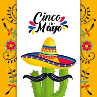 mexikansk kort med hatt och kaktusväxt med mustasch vektor