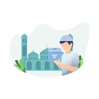 islamischer charakter mit illustration der moschee und menschen, die wohltätigkeitsbox flach tragen vektor