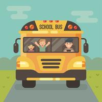 Främre sikt av den gula skolbussen på vägen med en chaufför och två barn vektor