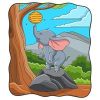 karikaturillustration elefant, der versucht, ein bienennest zu nehmen vektor