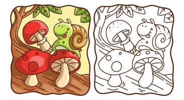 Cartoon Illustration Schnecken laufen auf Pilzen Malbuch oder Seite für Kinder vektor