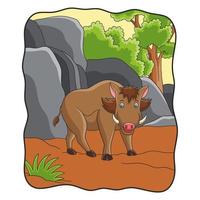 tecknad illustration vildsvin gå i skogen vektor