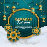 ramadan kareem pappersklipp vektor. banderoll eller affisch med lykta och molnprydnad, lämplig för att fira ramadanhändelser. vektor