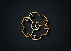 goldenes 3D-Necker-Würfelkreuz-Symbol. goldene luxus-isometrische würfel-logo-design-vorlage. wissenschaft, medizin oder technologisches symbol. Vektorgeschäft auf schwarzem Hintergrund isoliert