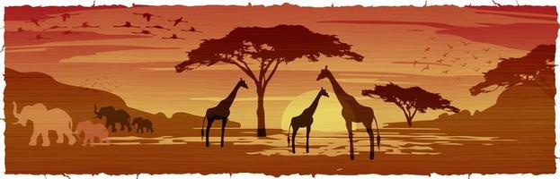 Afrikanische Savannenlandschaft bei Sonnenuntergang, Silhouetten von Tieren und Pflanzen, Natur Afrikas. Reservate und Nationalparks, Vektorbatikhintergrund