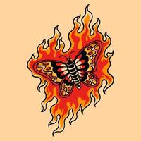 Schmetterling auf Feuer Retro-Stil vektor