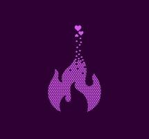 Pixel-Logo mit Herzfeuerpunkten. Feuer-, Romantik- und Herzsymbole. Herzzeichen Pixel nach oben. Herzen sind mit einem Zeichen des Interesses gefüllt. komplementäre und integrative Pixelbewegung. vektor