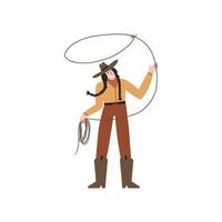 Ein Cowgirl hält ein Seil in der Hand. Cowboykleidung und -schuhe. wilder Westen. Vektor-Illustration isoliert auf weißem Hintergrund vektor