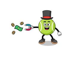 charakterillustration des tennisballs, der geld mit einem magneten fängt vektor