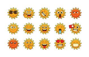 niedlicher Sonnen-Emoji-Vektorsatz, Sonnen-Emoticons-Gesichtsausdruck für soziale Beiträge und Reaktionen, Sonnenschein-Cartoon-Illustration in unterschiedlichen Gefühlen vektor
