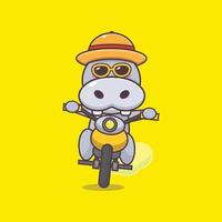 Coole Hippo-Zeichentrick-Maskottchen-Figur mit Sonnenbrille fährt Motorrad im Sommertag vektor