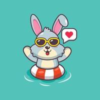 söt kanin tecknad maskot karaktär i solglasögon simma i stranden på boj vektor