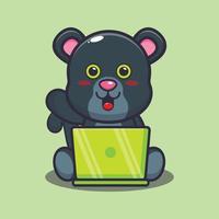 niedlicher panther mit laptop-cartoon-vektorillustration vektor