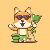 niedliche shiba inu hundekarikatur-maskottchenfigur in der sonnenbrille spielen sandstrand vektor