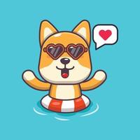 niedliche shiba inu hundekarikatur-maskottchenfigur in der sonnenbrille schwimmen am strand auf boje vektor