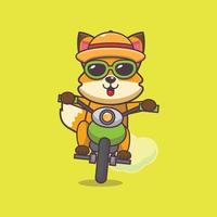 coole fuchs-karikatur-maskottchen-figur in sonnenbrillen fahren motorrad im sommertag vektor