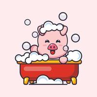 süßes schwein, das schaumbad in der badewanne nimmt karikaturvektorillustration vektor