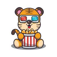 süßer Tiger, der Popcorn isst und 3D-Film anschaut vektor