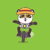 Coole Panda-Cartoon-Maskottchen-Figur mit Sonnenbrille fährt Motorrad im Sommertag vektor