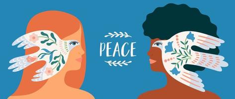 Frieden. Frauen und Friedenstaube. Vektor-Illustration. elemente für karten, poster, flyer und andere