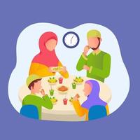 muslimische familie, die nach dem fasten im ramadan iftar isst. Familientreffen beim Abendessen im Ramadan. vektor