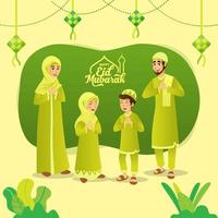 Eid Mubarak-Grußkarte. karikatur muslimische familie feiert eid al fitr auf grünem hintergrund. vektor