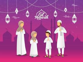 eid mubarak gratulationskort. tecknad muslimsk familj som firar eid al fitr natten före eid vektor