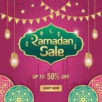 ramadanförsäljning, webbhuvud eller bannerdesign med gyllene glänsande ram, arabiska lyktor och islamisk prydnad på lila bakgrund vektor