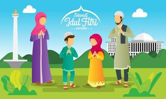 selamat hari raya idul fitri är ett annat språk för glad eid mubarak på indonesiska. tecknad muslimsk familj som firar eid al fitr vektor