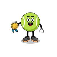 tennisball-karikaturillustration mit medaille der zufriedenheitsgarantie vektor