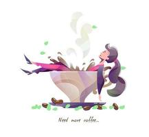 Koncept i platt stil med kvinnan som ligger i en stor kopp kaffe. vektor