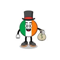 irland-flaggenmaskottchenillustration reicher mann, der einen geldsack hält vektor