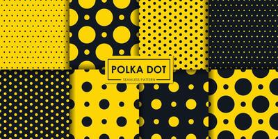 schwarz-gelbe Polkadot nahtlose Musterkollektion, abstrakter Hintergrund, dekorative Tapete. vektor