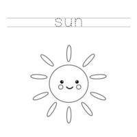 verfolge die buchstaben und male die süße kawaii sonne aus. Handschriftübungen für Kinder. vektor