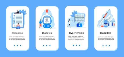 Diabetes mellitus, Typ-2-Diabetes und Insulinproduktionskonzeptvektor. App-Vorlagen mit Lupe und Blutzuckermessgerät. vektor
