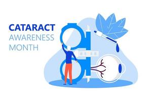 Im Juni wird der Cataract Awareness Month gefeiert. Glaukom-Erkrankung und Nephropathie-Probleme. augenarzt-konzeptillustration. sehkraftuntersuchung mit winzigen personenfiguren für das web. vektor