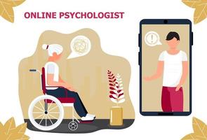 online psykolog koncept vektor. senior funktionshindrade kvinna får professionell psykologkonsultation. depression, sorg, mental hälsa illustration i platt stil.online, hjälptjänst vektor