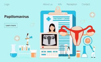 Papillomavirus-Konzeptvektor für die Homepage der medizinischen Website. HPV ist Grund für Gebärmutterhalskrebs. Kleine Ärzte behandeln das Papillomavirus. vektor