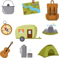 Vektor-Tourismus-Set. Camper, Rucksack, Karte, Kompass, Thermoskanne
