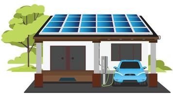 Elektro-Sportwagen-Parkplatz, der an der Wallbox-Ladestation zu Hause aufgeladen wird. Energiespeicherung mit Photovoltaik-Solarmodulen auf dem Gebäudedach. mit naturgrünen bäumen auf isoliertem weißem hintergrund. vektor