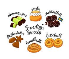 traditionellt svenskt godisset. chokladboll, kanelbulle, pepparkakor, semla, lussekatt och dammsugare vektor