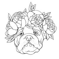 bulldog med blommor på huvudet målarbok. vektor hand illustration.