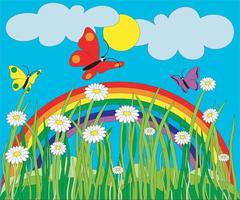 fridfull himmel, färgglada fjärilar och en regnbåge. sommar och vårlandskap vektor