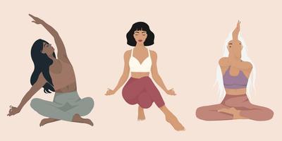 Eine Reihe von Mädchen in verschiedenen Yoga-Posen auf einem einfachen Hintergrund