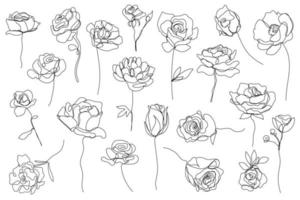 Vektorset von handgezeichneten, einzelnen durchgehenden Linienblumen - Rosen, Pfingstrosen. Kunst florale Elemente. Verwendung für T-Shirt-Drucke, Logos, Kosmetik- und Beauty-Designelemente.