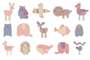 lustige skandinavische bunte drucke tiere. gekritzelkarikaturtiere für kinderzimmerposter, karten, t-shirts. Vektor Elefant, Eule, Adler, Löwe, Bär, Wal, Igel, Fisch