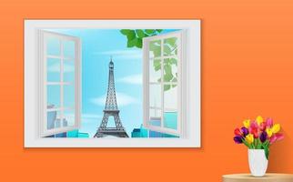 geöffnetes Holzfenster und Blick auf den Eiffelturm vektor